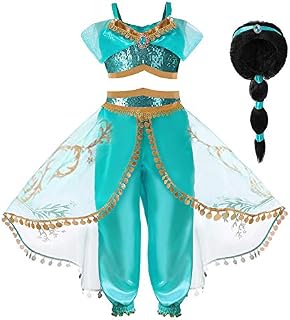 Hamanasu Jasmine Princess Costume for Girls Princess Fancy Dress up Birthday Party Role Play Outfit(Hair Wig,3-4Y/110)