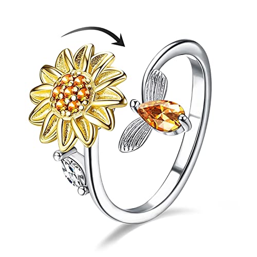 LIAN Fidget Anxiety Rings for Women Sunflower Adjustable Open Spinner Ring Fidget Ring Cubic Zirconia Flower Bee Anxiety Stackable Ring Rotatable Calming Worry Meditation Ring