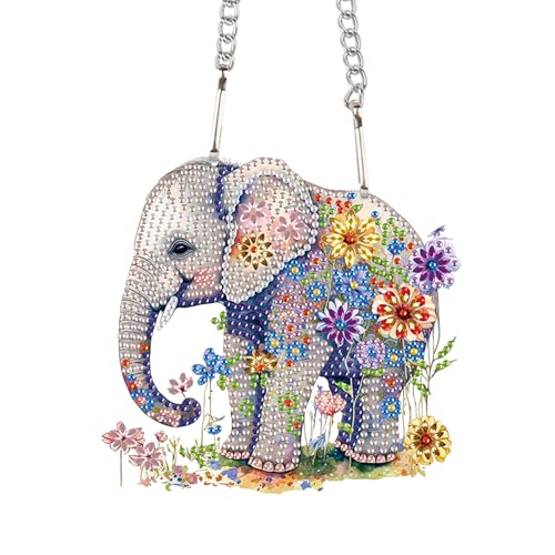 Image of Elephant and Flowers Diamond Painting Hanging Kit - DIY Acrylic Pendant with 5D Special Shaped Rhinestones, Decorative Art Board for Wall, Door or Garden, Handmade Gift for Creative Decor Lovers
