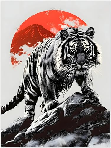 Décoration murale japonaise avec tigre noir et blanc et affiche japon mont fuji 30x40