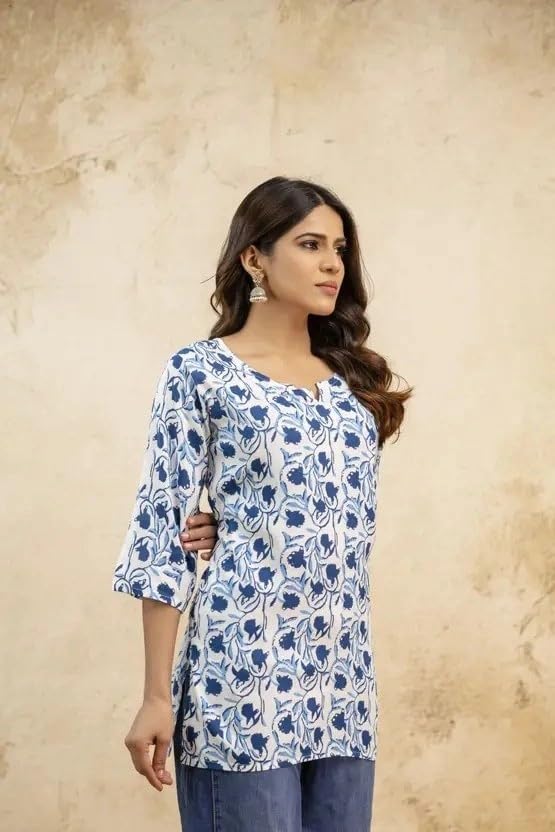 Image of Women's Short Kurti in Multicolor Rayon Cotton Blend | Ladies Ethnic Tunic | Office