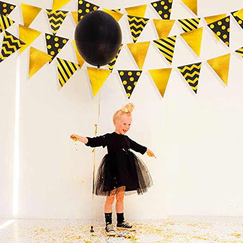 Image of 39 Ft Black Gold Triangle Pennant Banner Metallic Foil Polka Dot Stripe Paper Flag Bunting Garland Streamer for Birthday Anniversary Graduation Wedding Bridal Shower Party Decorations Supplies