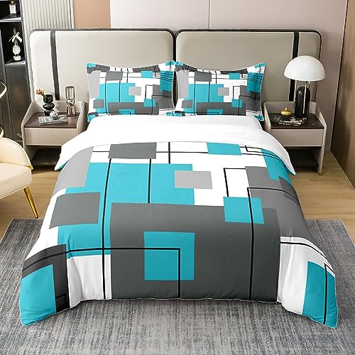 100% Cotton Geometric Square Duvet Cover King Teal Grey Bedding Set Black Gray Turquoise Comforter Cover for Kids Teen Adults Modern Abstract Lines Rustic Farmhouse Bed Set 2 Pillow Cases