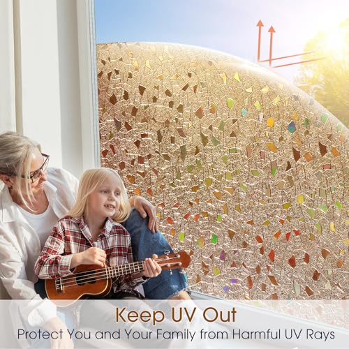 Coavas Stained Glass Window Privacy Film 3D Rainbow Decorative Heat Control UV Blocking Non-Adhesive Removable Vinyl Film Window Tint for Bathroom Door Covering, Brown, 17.5 x 78.7 inch