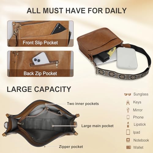 Crossbody Bags for Women Elegant Vegan Leather Hobo Handbags with 2pcs Adjustable Guitar Strap(dark brown)4