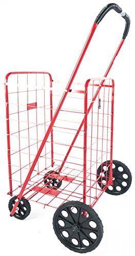 Ath Large Deluxe Rolling Utility / Shopping Cart - Stowable Folding Heavy Duty Cart With Rubber Wheels For Haul Laundry, Groceries, Toys, Sports Equipment, Red #TOP2