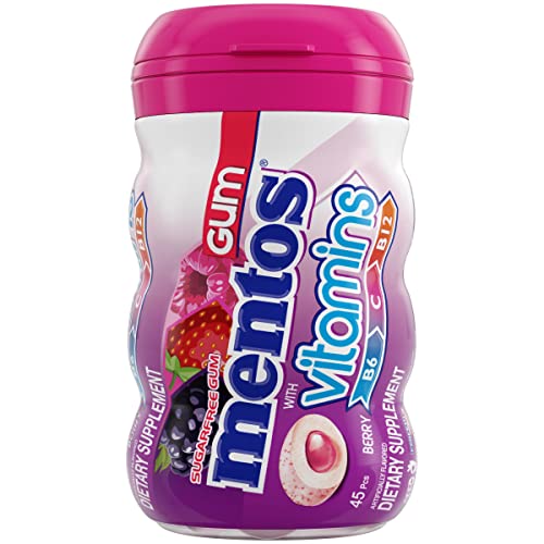 Image of Mentos Gum with Vitamins, Sugar-Free Chewing Gum with Xylitol, Berry Flavor, Vitamins B6, B12, & C, 45 Piece Bottle (Pack of 4)