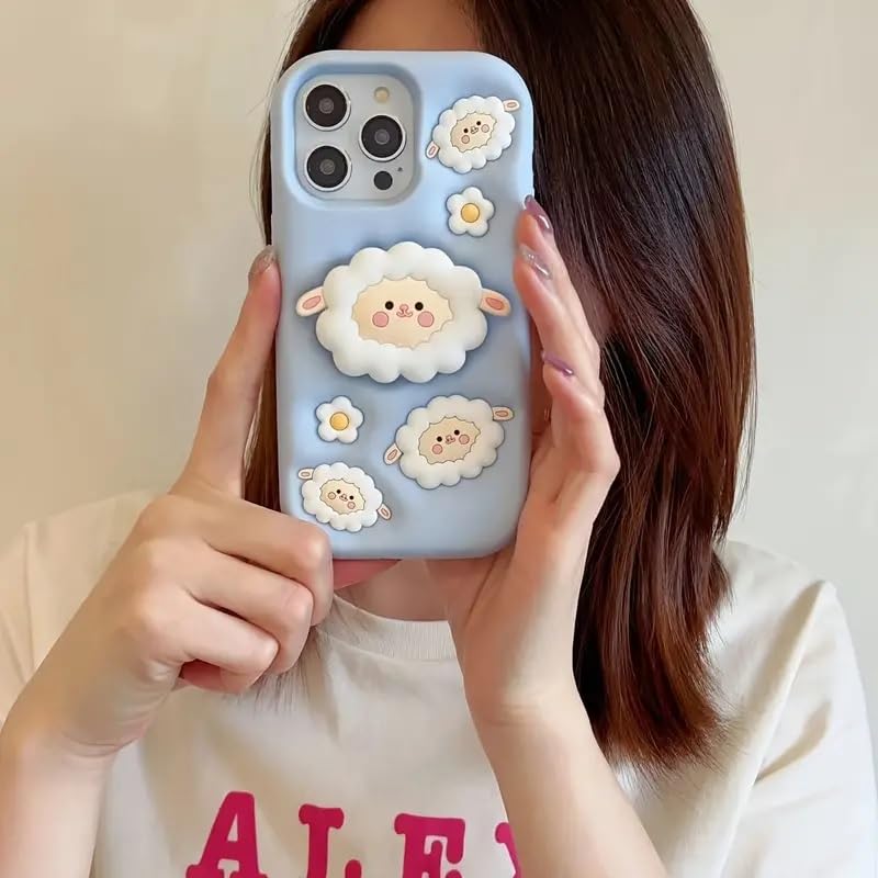 Image of COVERLY for iPhone 12 Pro 3D Cartoon Sheep Flock Case,Full Protective Funda Cotton Candy Cloud Pop Back Case with Holder Cute Soft Silicone Fashion Aesthetic Cover for Apple iPhone 12 Pro