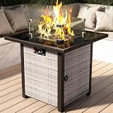 Propane Outdoor Fire Pit Table, 28" Rattan Square Fire Pit Table, Outdoor Gas FirePit With Glass Wind Guard, Tempered Glass Tabletop, Lid, CSA Listed, 50,000 BTU, Outside Patio & Garden, Grayish-White