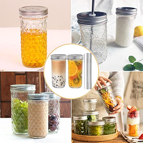 Zouni 2 Pcs Mason Jar Cups With Lids And Straws, 22Oz Diamond Texture Bubble Tea Cups, Reusable Smoothie Cups, Wide Mouth Iced Coffee Tumbler, Glass Drinking Bottle Ideal For Juice Water Milk #TOP7
