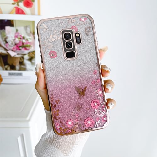 Image of Galaxy S9 Plus Case, Glitter Crystal TPU Stylish Butterfly Floral Heart Clear Protective Cover with Strap (Rose Gold)