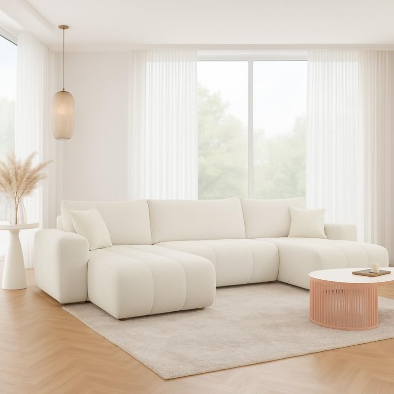 Tendencio Canapé d'angle panoramique Talia en U en Tissu Anti tâche hydrophobe Doux au Toucher (Beige)