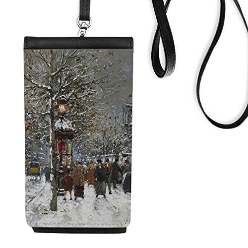 Sac à main suspendu téléphone en cuir noir avec motif paysage d'hiver coloré