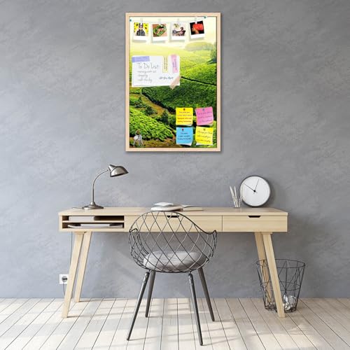 Image of ArtzFolio Tea Plantations, Munnar, Kerala | Bulletin Board Notice Pin Board | Vision Soft Board Combo with Thumb Push Pins & Sticky Notes | Natural Brown Frame | 20 x 30 inch (51 x 76 cms)
