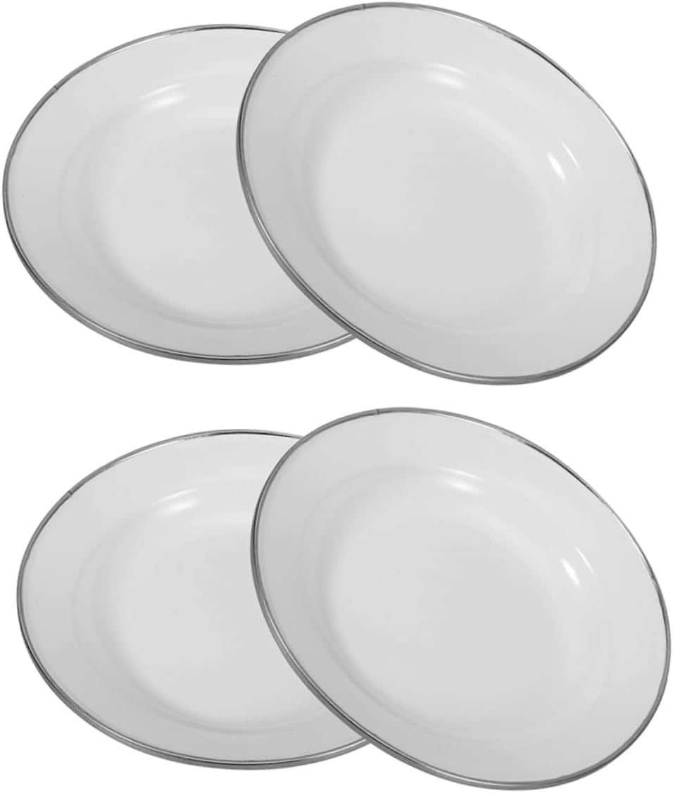 4pcs White Enamel Plates 22cm Thickened Retro Style Food Plates Small Snack Dinnerware Set for Kitchen and Party Serving
