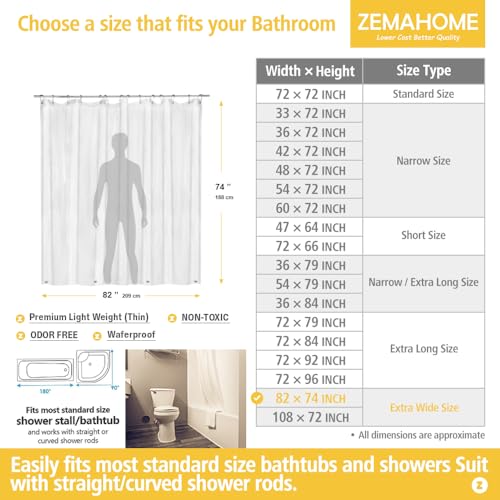 Image of ZEMAHOME Extra Large Size PEVA Plastic Shower Curtain Liner Premium Light Weight 82 inch x 74 inch Clear Bathroom Shower Showroom Curtain Liner with Rustproof Metal Gromments and Weighted Magnet
