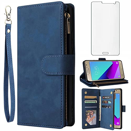 Asuwish Compatible with Samsung Galaxy Grand Prime J2 Prime Wallet Case and Tempered Glass Screen Protector Leather Flip Cover Card Holder Cell Accessories Phone Cases for Glaxay 2 2J Plus Women Blue