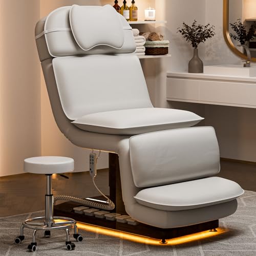 VARONXE Fully Electric Massage Table w/3 Motors, Professional Angle and Height Adjustable Spa Bed Facial Chair, Motorized Esthetician Bed Treatment Table for Beauty Salon, Stool Included, White