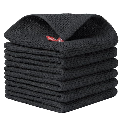 Image of Cotton Kitchen Dish Cloths, 6 Pack Super Absorbent and Lint Free Waffle Weave Dish Towels, Fast Drying Dish Rags for Washing Dishes, 13.4 X 13.4 Inch, (Black, Pack of 6)