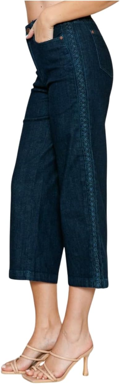 Judy Blue Side Seam Braid Detail Crop Wide Leg Jeans- Ivory Gem