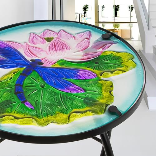 Weibefee JF02733 Lotus-Leaf Dragonfly Small Patio Table,Outdoor Side Table,Outdoor Bar Table,Metal Glass End Table For Porch Garden Yard Pool Living Room,10 Inch Circle Plant Side Table-Dragonfly Table thumb #1