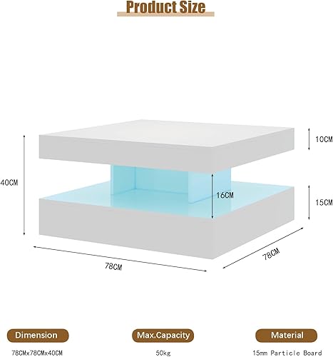 Miniatura 2 de Mesa de centro LED blanca para sala de estar, mesa central cuadrada de 2 niveles, mesa de centro moderna de madera contemporánea de alto brillo con