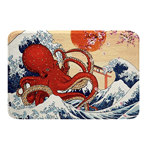 Cherry Blossom Bath Rugs Octopus Tentacles Area Rug 16"x24",Japanese Sea Waves Bath Mat Ukiyoe Theme Red Sun Kitchen Mat for Boys Child Kids Ethnic Kawaii Room Decor