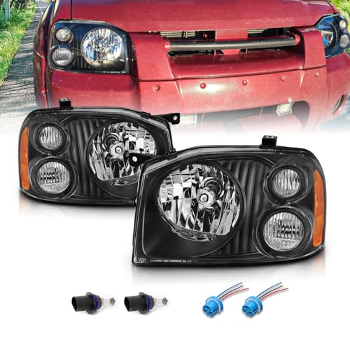 AmeriLite 2001-2004 Replacement Halogen Headlights For Nissan Frontier Pickup Truck D22 Base/SE/SC/XE (Pair) With Hi/Lo Beam Bulb, Vehicle Light Assembly, Black