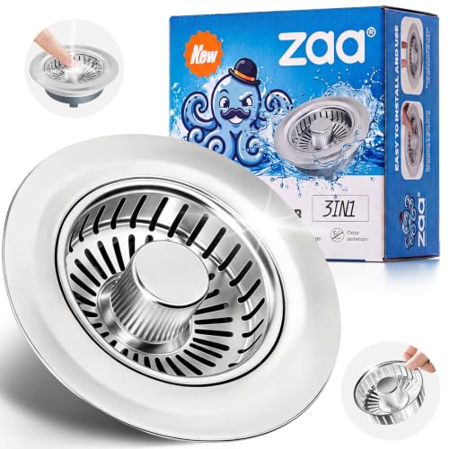 zaa Kitchen Sink Drain Strainer - Kitchen Sink Stopper 304 Stainless Steel Sink Drain Stopper Sink Protector for Kitchen with Anti-Clog Filter Fit US Standard 3-1/2 Sink Drain Hole Silver