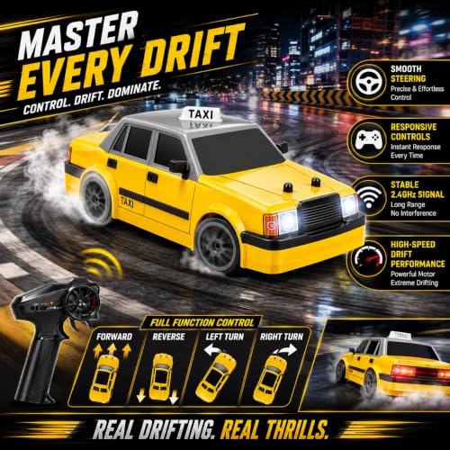 Image of 2.4GHz RC Drift Stunt Taxi Car for Kids, High-Speed Remote Control Car with LED Headlights, Rechargeable Battery, Drift Tires & Precision Steering, Indoor Outdoor Racing Toy for Boys & Girls 6+
