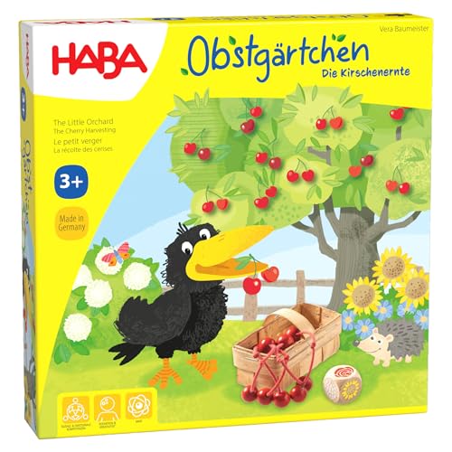 HABA Obstgärtchen – Kinderspiel ab 3 Jahren mit 3D-Kirschbaum – Lernspiel fördert Farben & Wir-Gefühl – Mit Holz-Kirschen & Rabe Theo – Für 2-4 Spieler – 1004460001
