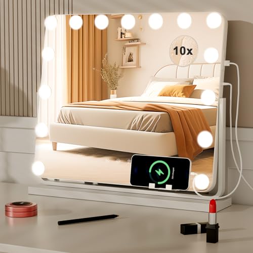 Sealong Hollywood Schminkspiegel mit Beleuchtung 57x49cm, Kosmetikspiegel mit 15 LED, 360° Drehbarer Schminktisch Spiegel mit Licht, 3 Lichtfarben, Dimmbarer, mit USB und 10x Lupe