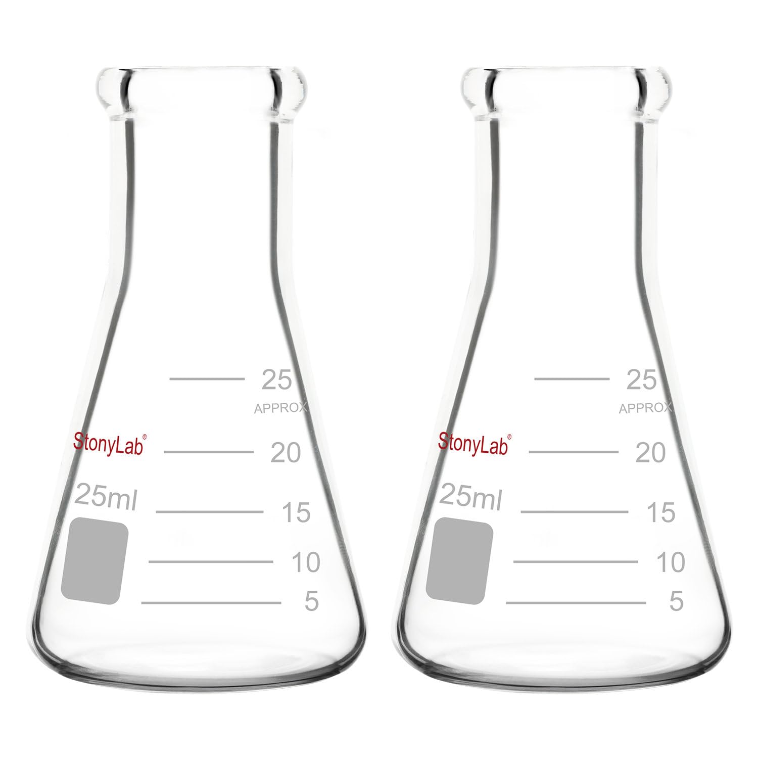 StonyLab 2-Pack Glass 25ml Heavy Wall Narrow Mouth Erlenmeyer Flasks with Heavy Duty Rim