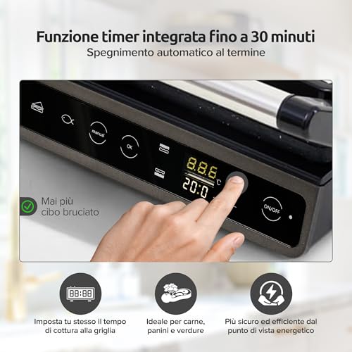 Olvy Piastra Grill Con Touchscreen - Senza Pfas - 7 Programmi Automatici - Apertura 180° 1800W - Piastre Antiaderenti - Termostato & Timer - Piastra Panini & Tostiera In Acciaio Inox - 6