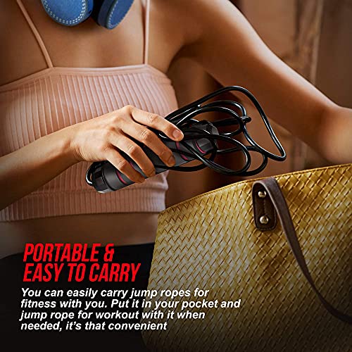 Image of FirstFit Polyvinyl Chloride Jump Rope Tangle-Free Rapid Speed Jumping Rope Cable with Ball Bearings for Women, Men, and Kids, Adjustable Steel Skipping Rope with Foam Handles, Black & Red