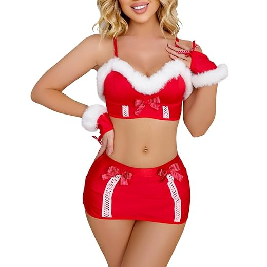 Satohom Femme Noël Bikini Robe de Nuit Coquine Ensemble, Noël Femmes Charmant Costume Noël Mère Déguisement, Femme Adulte Lingerie Sexy Tenue Lingerie Taille valable (Rouge, Robe)