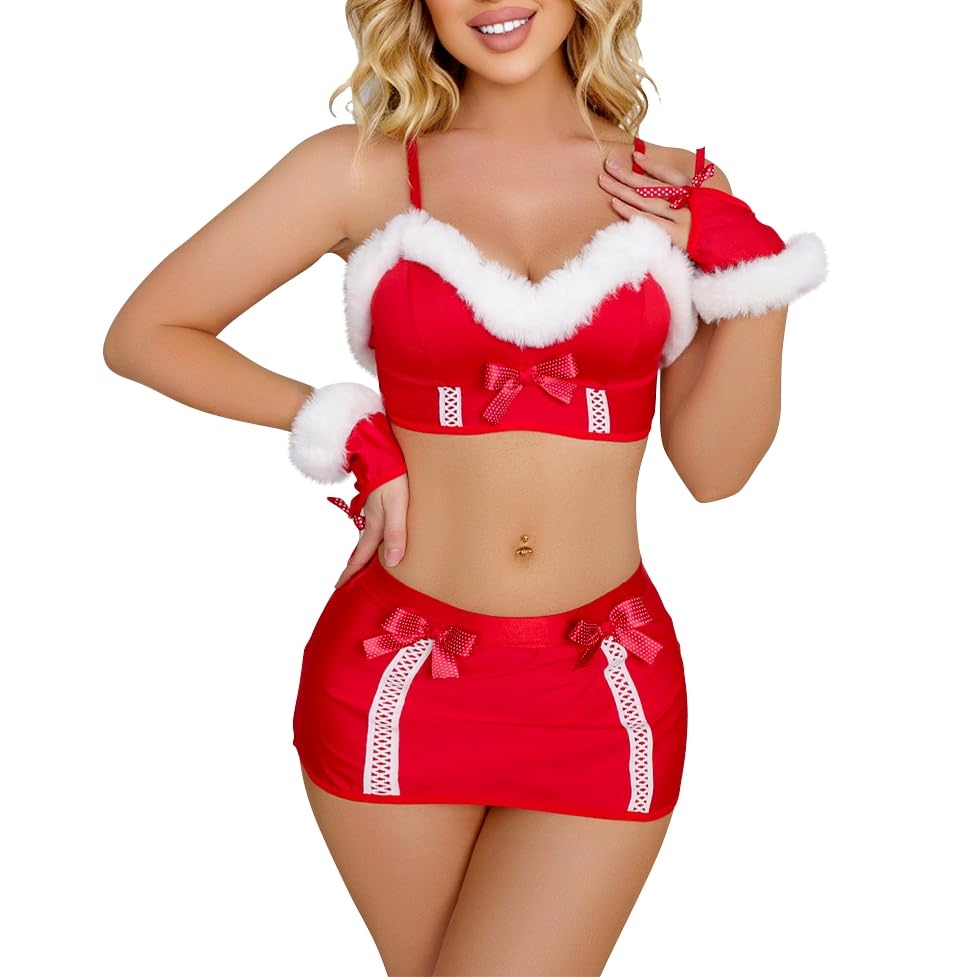 Satohom Femme Noël Bikini Robe de Nuit Coquine Ensemble, Noël Femmes Charmant Costume Noël Mère Déguisement, Femme Adulte Lingerie Sexy Tenue Lingerie...