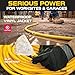 IRON FORGE CABLE 25 Foot Lighted Outdoor Extension Cord with 3 Electrical Power Outlets - 12/3 SJTW Heavy Duty Yellow Extension Cable with 3 Prong Grounded Plug for Safety, 15 AMP