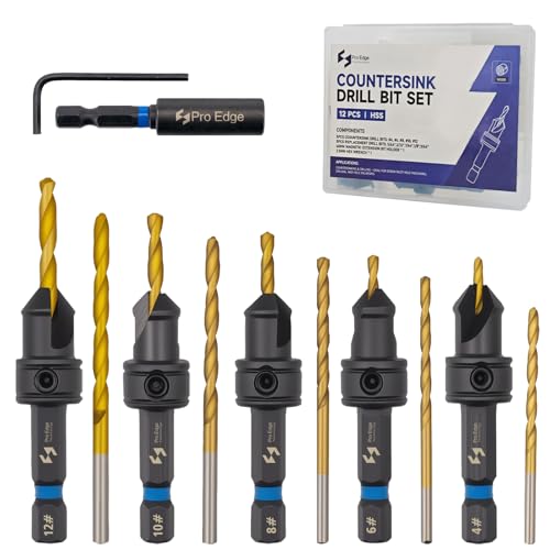 Pro Edge 12PCS Countersink Drill Bit Set, #4, #6, #8, #10, #12 with 5 HSS Wood Drill Bit for Replacement & Magnetic Extension Bit Holder & Hex Wrench Adjustable Depth Pilot Hole with Storage Box