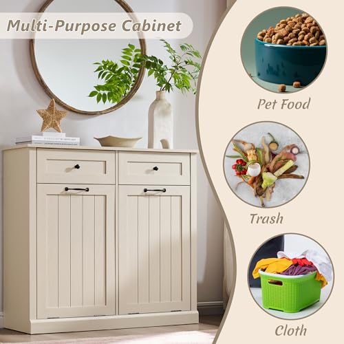 Image of IFGET Double Tilt Out Trash Cabinet, Wood Trash Can Cabinet, Cream