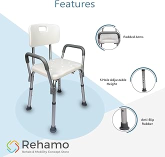 Rehamo Shower Chair Stool with Arms, Adjustable Shower Stool & Bathroom Chair for Patients, Disabled & Seniors, Medical Shower Seat & Bath Shower Chair for Elderly, Handicap & Adults