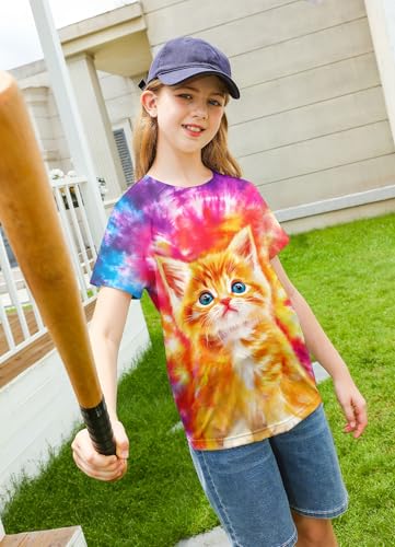 Image of SunFoucs Girls Kids Shirts Size 5-12 Tie Dye Casual Tshirt Short Sleeve Crewneck Tee Top | Short Sleeve Rainbow Tee Top