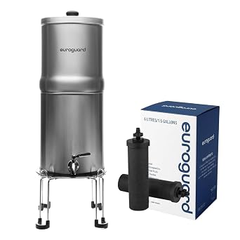 euroguard  8.5L Gravity Water Filter System in Matt Finish Stainless Steel 304 | NSF certified 2x Activated Carbon Filter Cartrdiges | Steel Stand and Tap