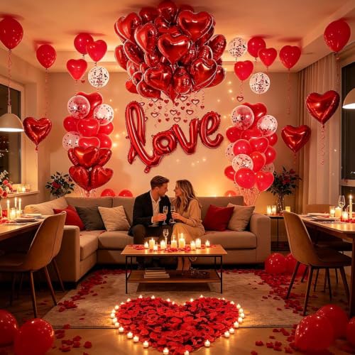 Image of Love Balloons And Wedding Balloons Set,Romantic Love Balloon Kit | Red Rose,Foil Heart Balloons| Wedding Decoration For Anniversary Confession Proposal Birde Shower Boyfriend Girlfriend Lover