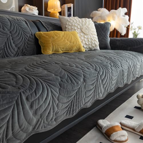 MDSASFD Palm Leaves Sofa Couch Cover, Sofa Covers Washable for Dogs, Velvet Couch Covers for Sectional Sofa, Anti Slip Furniture Protector Covers for L Shaped(Dark Grey, 36
