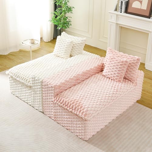 Image of KEIKI 120 inch Modular Boneless Couch Full Chaise for Living Room, 4-Seater Sectional Couches for Living Room Furniture, Deep Seat Oversized Cloud Sofa for Home Office Furniture Pet Friendly, Pink White