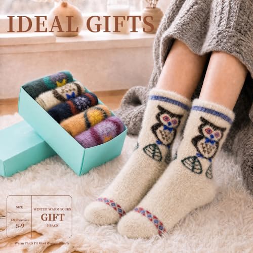 Image of ICEIVY 5 Pair Comfy Fuzzy Warm Winter Cozy Socks Birthday Gifts for Women | Plush Soft Socks Cloud Wool Thick Fluffy Vintage Style Premium Gift-Boxed Socks for Wife Mom Sister Grandma or Girlfriend