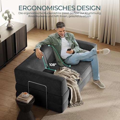 LINSY HOME Schlafsofa - Bodensofa Bed mit Pillow Back Support Armrest - Schlafsofa Klappbar 160 cm Breit- Compressed Sofa in Box - Cord Stoff für Wohnzimmer Schlafzimmer - Schwarz
