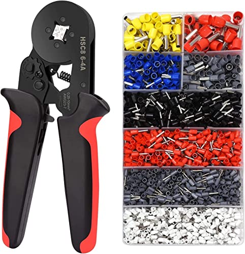 Image of Ferrule Crimping Tool Kit, AWG23-7 Self-adjustable Ratchet Wire Crimping Tool Kit Crimper Plier Set with 1200PCS Wire Terminals Crimping Connectors Wire End Ferrules(Black red)