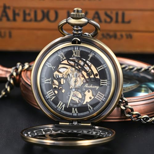 Image of Black and Silver Roman Numeral Dial Mens Mechanical Moon Phase Design, Moon Sun Pattern Skeleton Mechanical Pocket Watches for Men with Case and Chain - Black